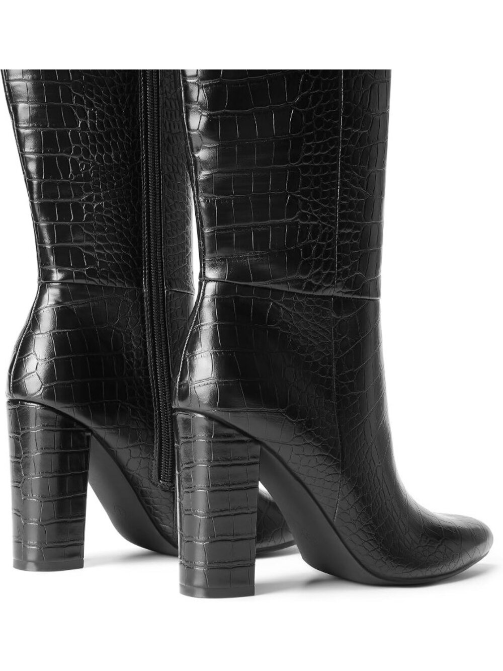 Women's Black-Croco Faux Leather Chunky Heel Pointed Toe Side Zip Knee High Boot - Picture 8 of 8